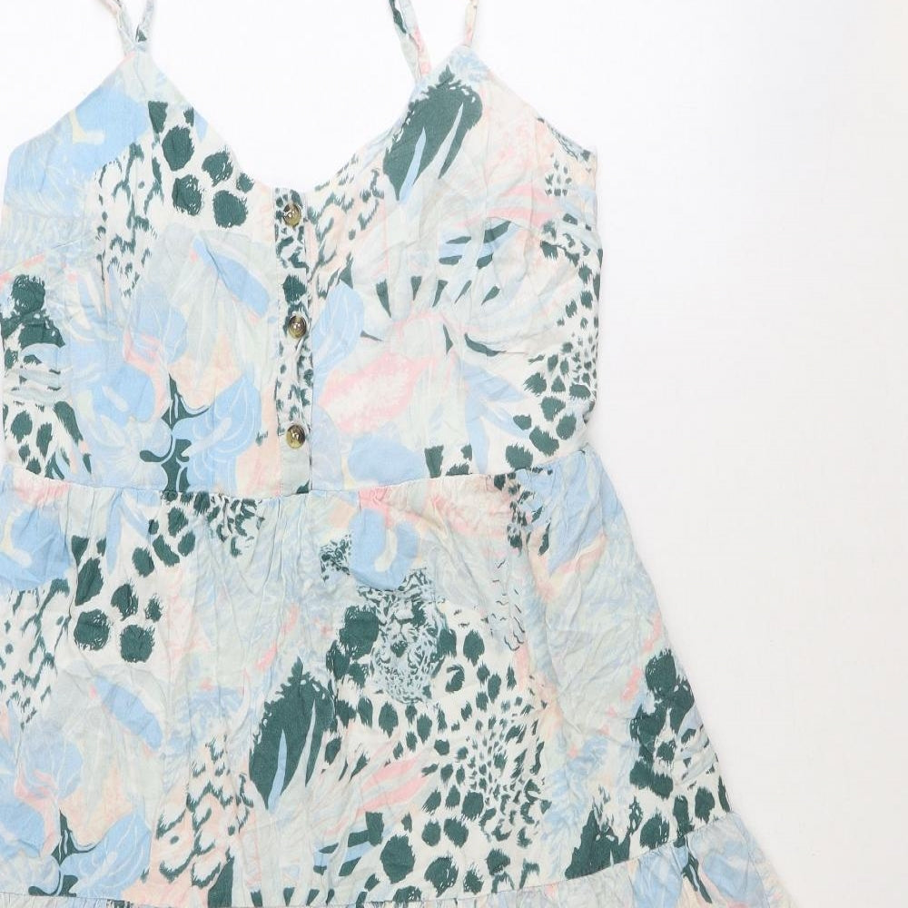 Oasis Womens Blue Floral Viscose Slip Dress Size 12 V-Neck Tie - Tiered
