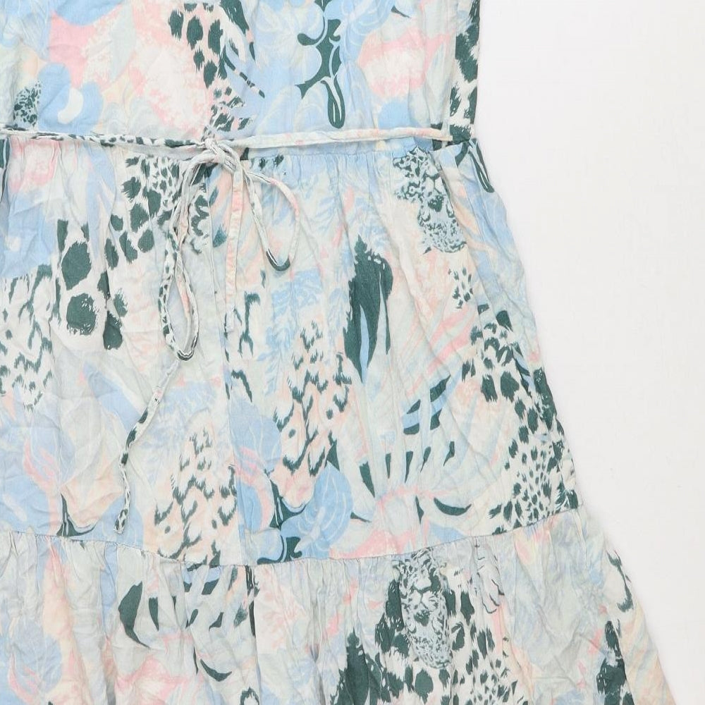 Oasis Womens Blue Floral Viscose Slip Dress Size 12 V-Neck Tie - Tiered