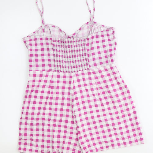 Zara Womens Pink Gingham Viscose Playsuit One-Piece Size L Zip