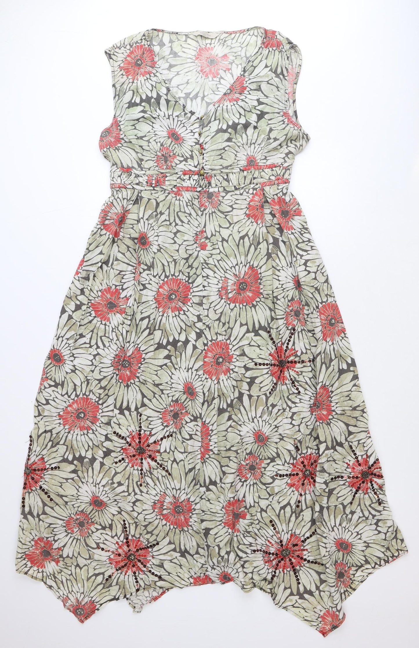 Debenhams Womens Green Floral 100% Cotton A-Line Size 16 V-Neck Button