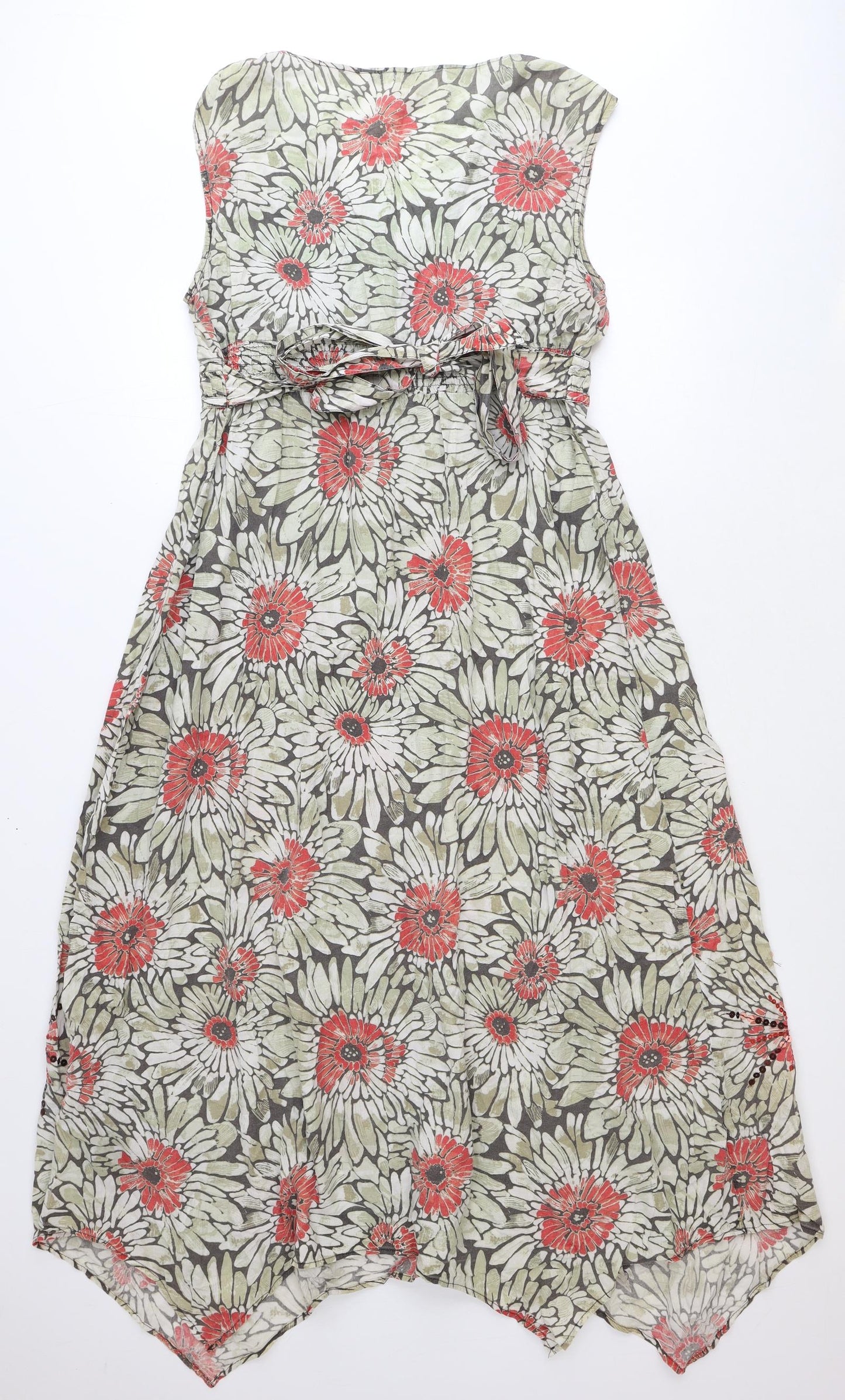 Debenhams Womens Green Floral 100% Cotton A-Line Size 16 V-Neck Button