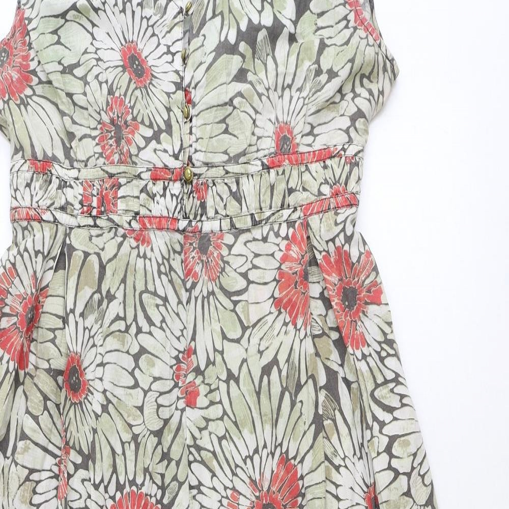 Debenhams Womens Green Floral 100% Cotton A-Line Size 16 V-Neck Button