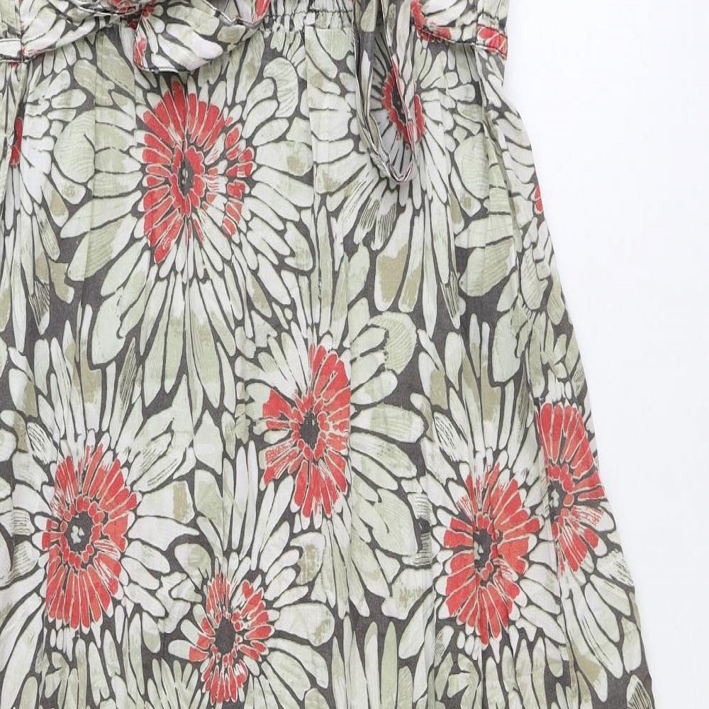 Debenhams Womens Green Floral 100% Cotton A-Line Size 16 V-Neck Button