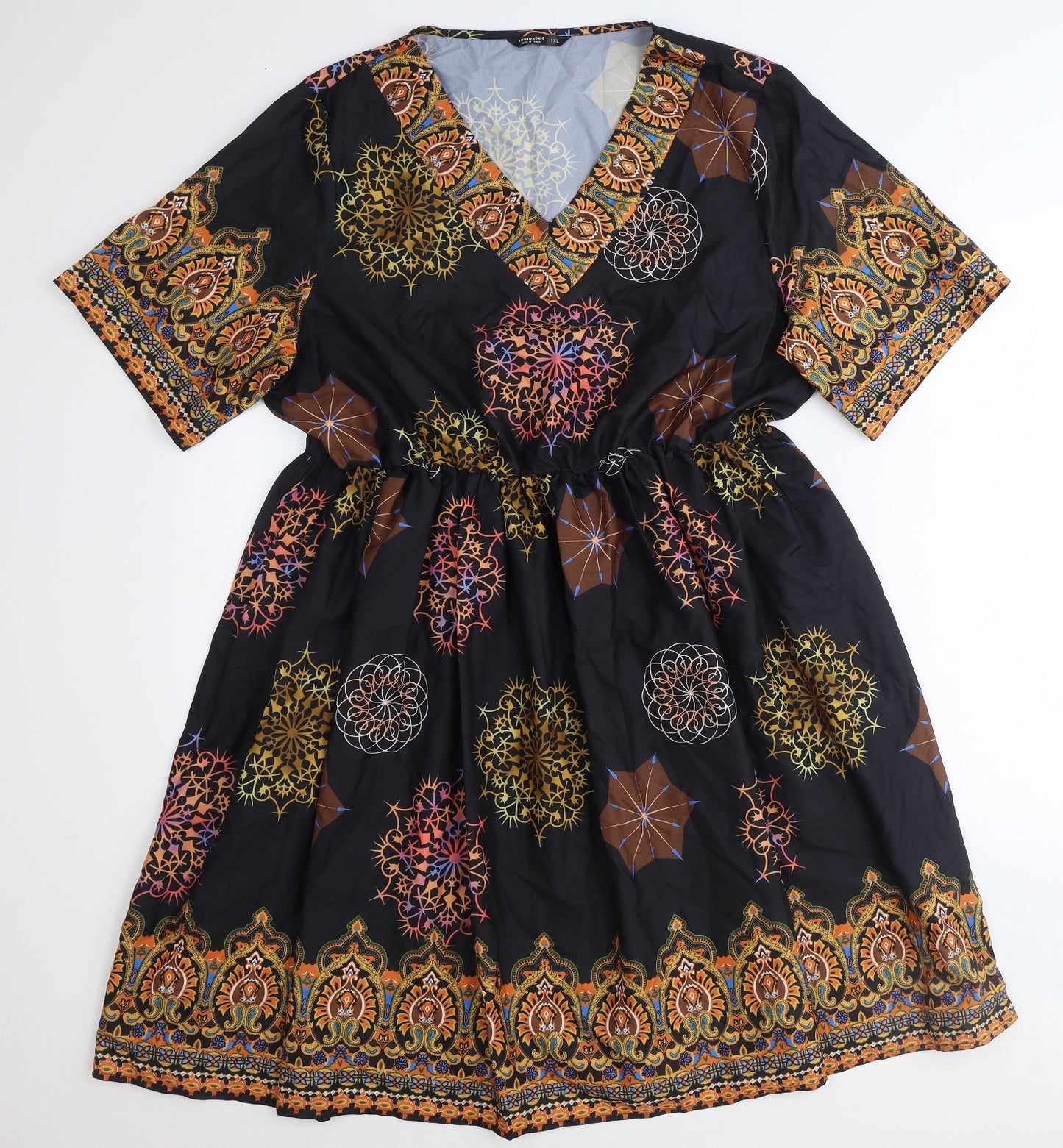 Shein Womens Black Geometric Polyester Skater Dress Size XL V-Neck Pullover