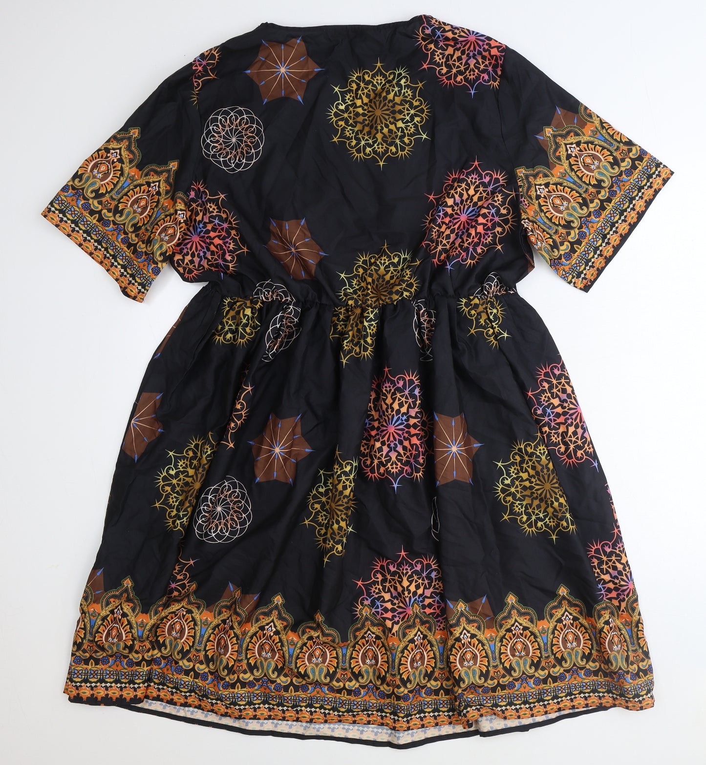 Shein Womens Black Geometric Polyester Skater Dress Size XL V-Neck Pullover