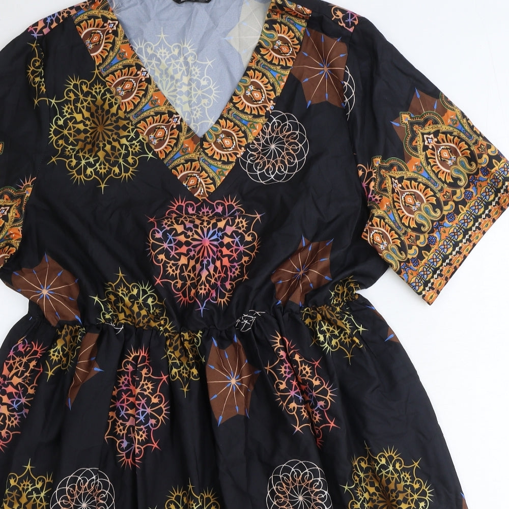 Shein Womens Black Geometric Polyester Skater Dress Size XL V-Neck Pullover