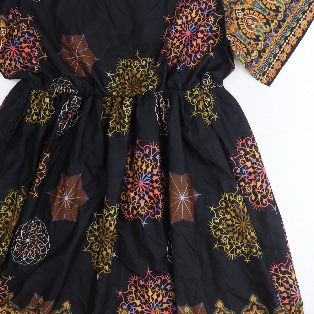 Shein Womens Black Geometric Polyester Skater Dress Size XL V-Neck Pullover