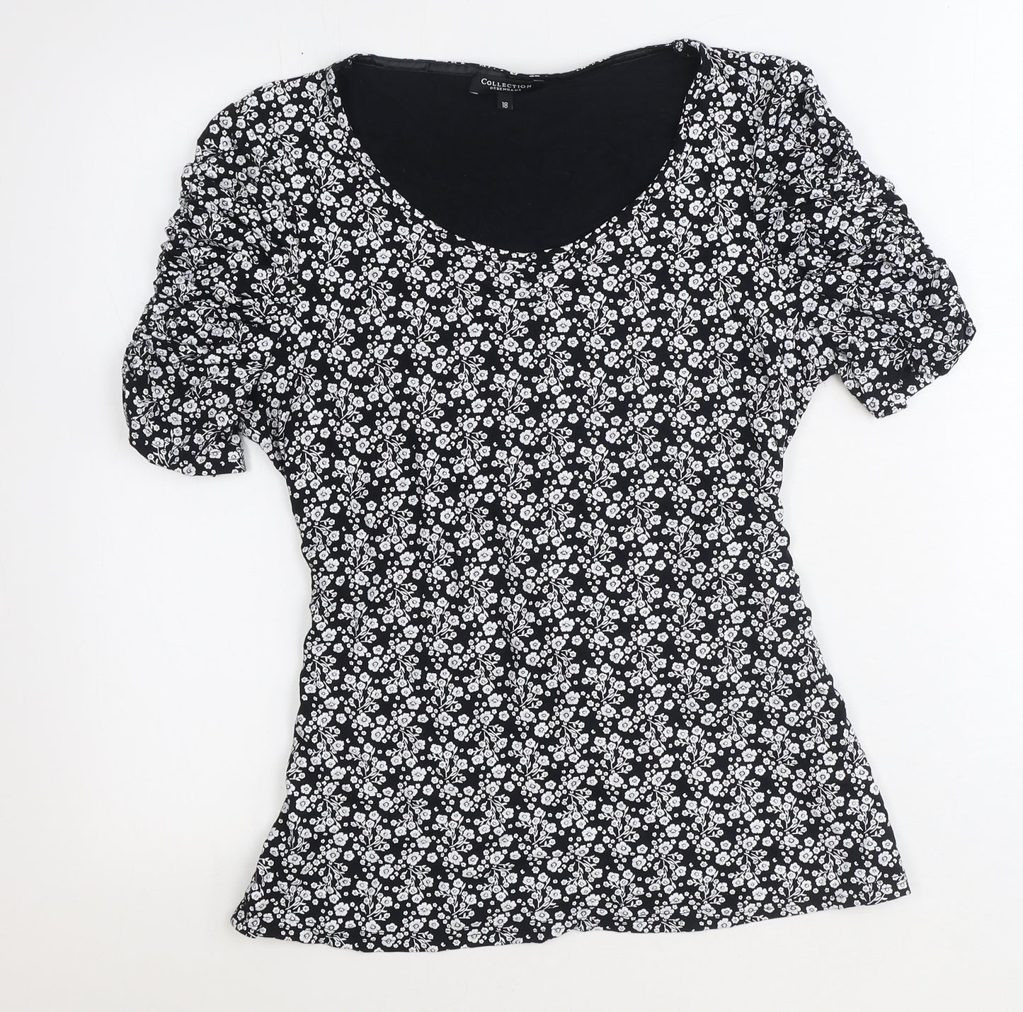 Debenhams Womens Black Floral Viscose Basic T-Shirt Size 18 Scoop Neck