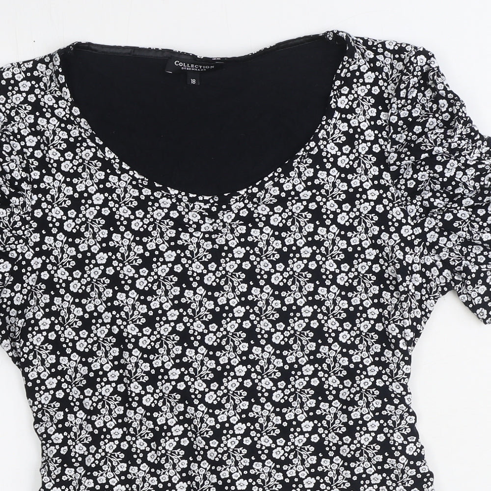 Debenhams Womens Black Floral Viscose Basic T-Shirt Size 18 Scoop Neck