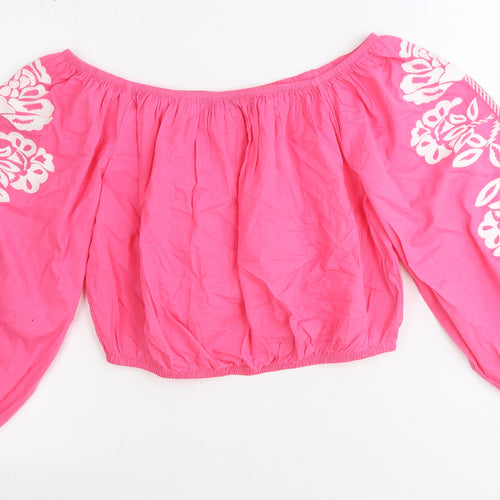 Marks and Spencer Womens Pink 100% Cotton Cropped Blouse Size 16 Boat Neck - Floral Detail