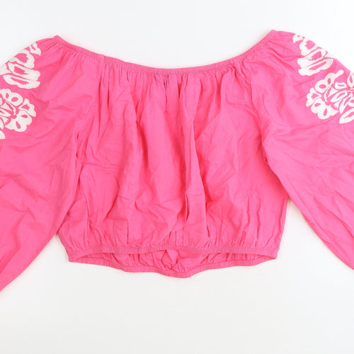 Marks and Spencer Womens Pink 100% Cotton Cropped Blouse Size 16 Boat Neck - Floral Detail
