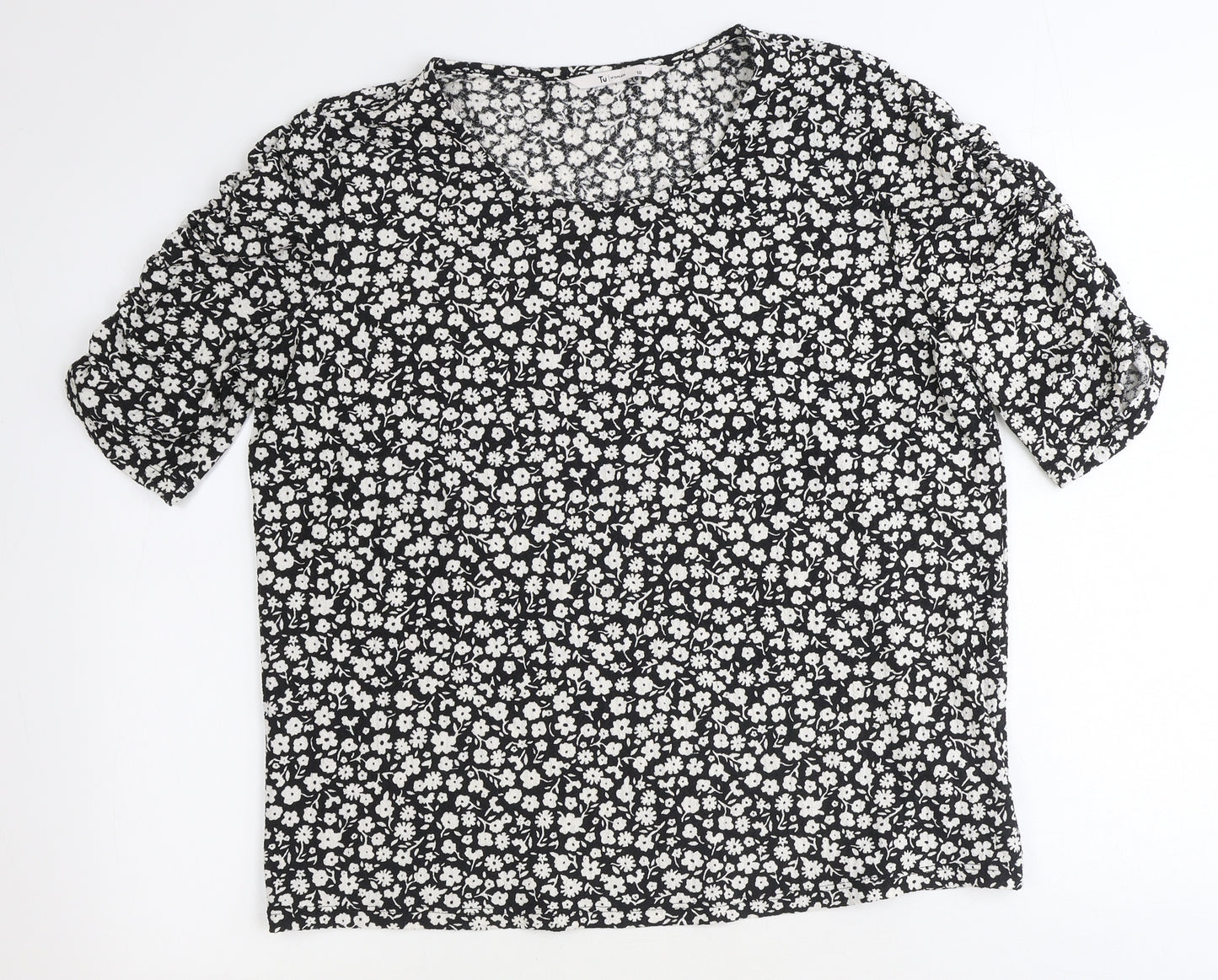 TU Womens Black Floral Polyester Basic T-Shirt Size 18 Scoop Neck