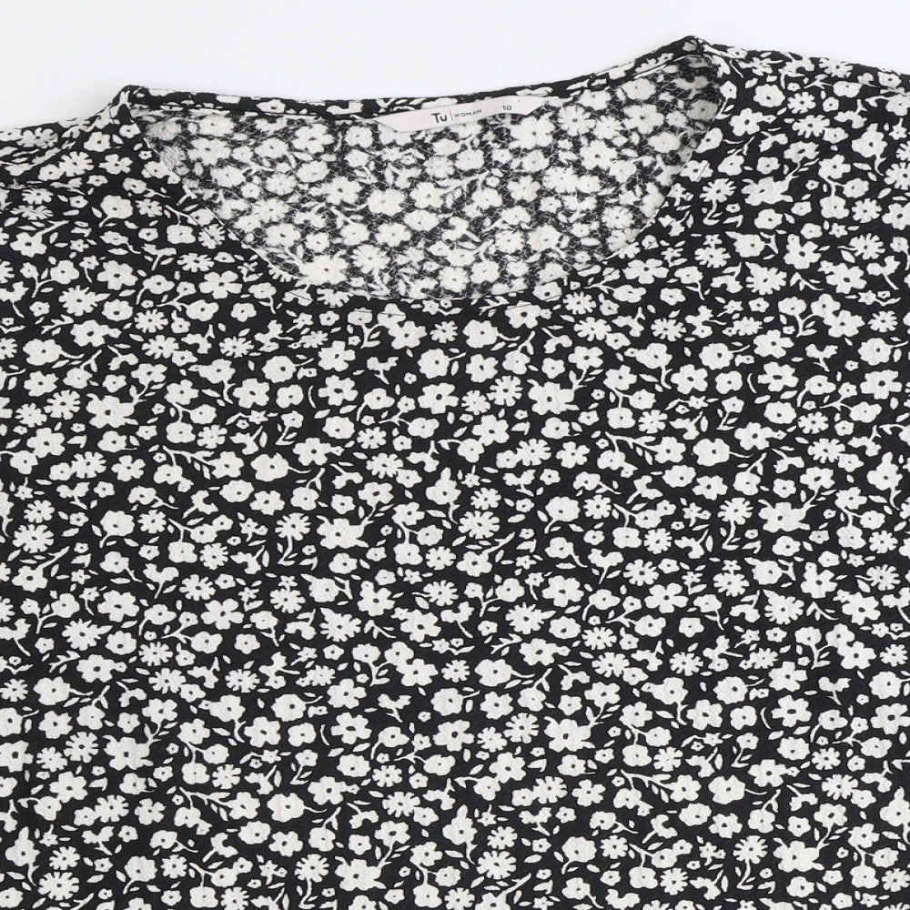 TU Womens Black Floral Polyester Basic T-Shirt Size 18 Scoop Neck
