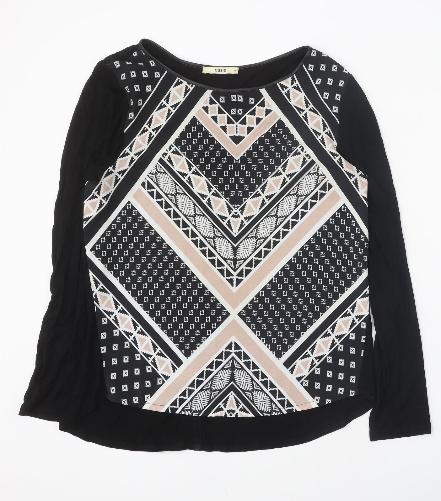 Oasis Womens Black Geometric Viscose Basic T-Shirt Size M Round Neck