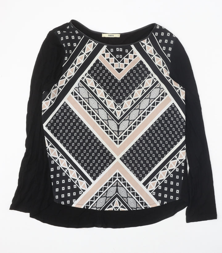 Oasis Womens Black Geometric Viscose Basic T-Shirt Size M Round Neck