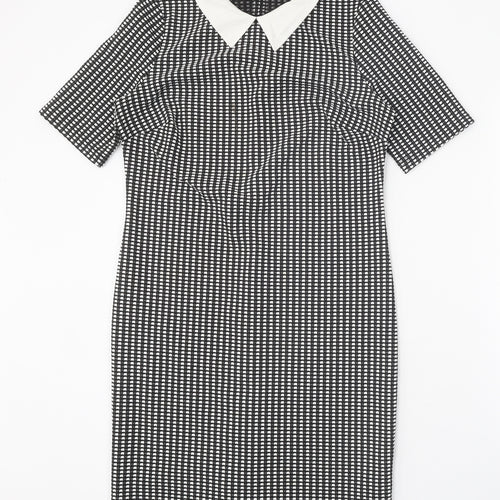 Papaya Womens Black Geometric Polyester Sheath Size 8 Collared Button