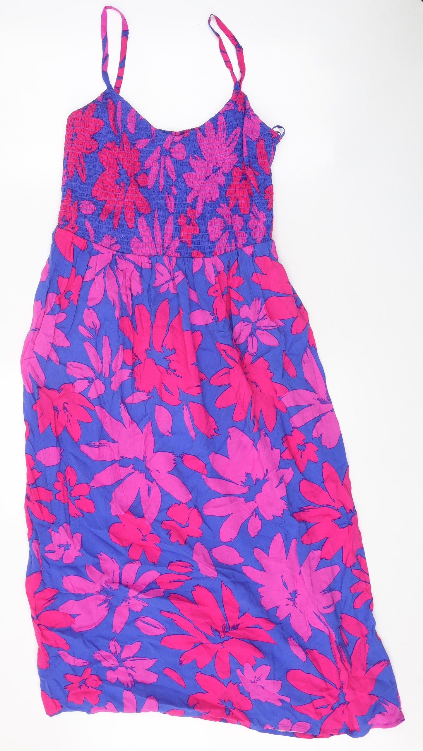 F&F Womens Multicoloured Floral Viscose Slip Dress Size 12 Round Neck Pullover - Shirred Top