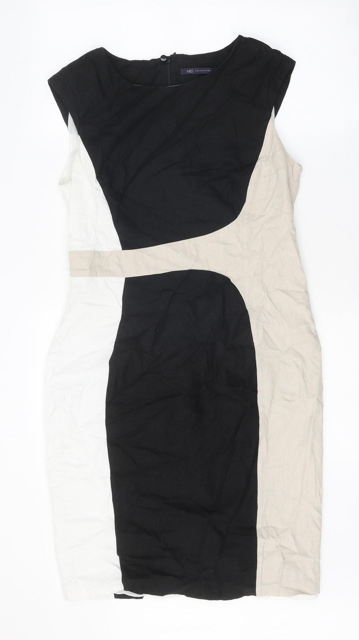 Marks and Spencer Womens Multicoloured Colourblock Linen Pencil Dress Size 12 Boat Neck Zip