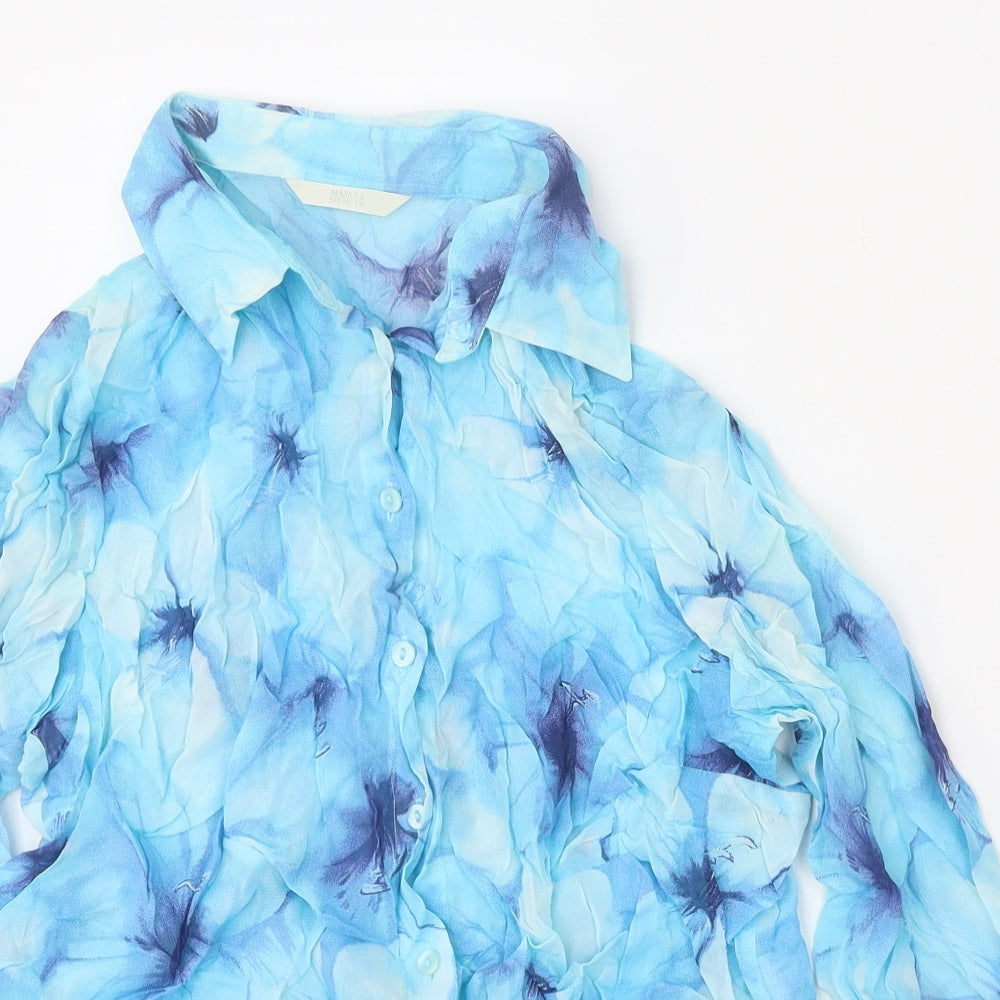 Marks and Spencer Womens Blue Geometric Viscose Basic Button-Up Size 16 V-Neck