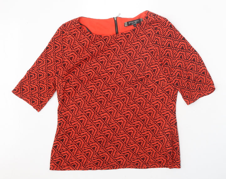 Principles Womens Red Geometric Viscose Basic T-Shirt Size 12 Round Neck
