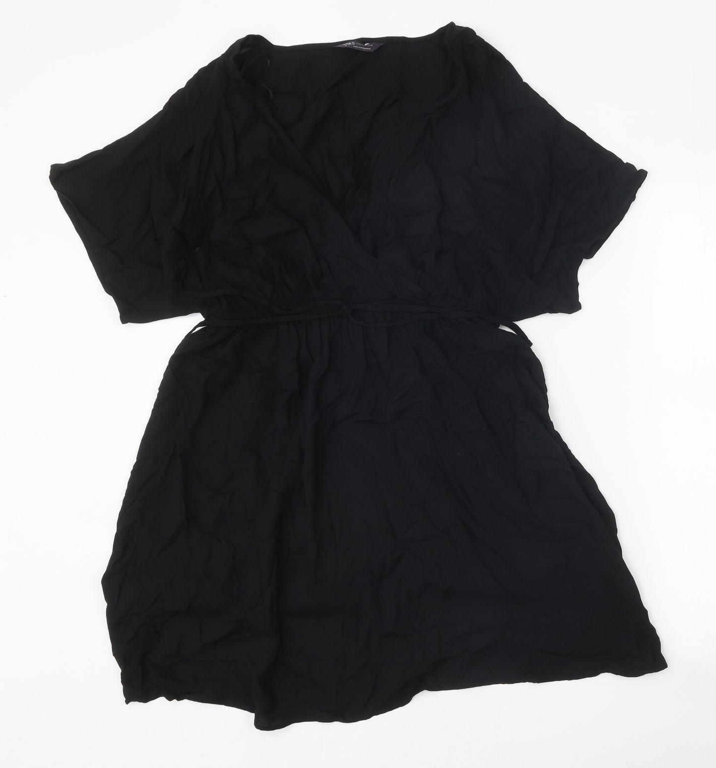 Marks and Spencer Womens Black Viscose Wrap Dress Size 12 V-Neck Tie
