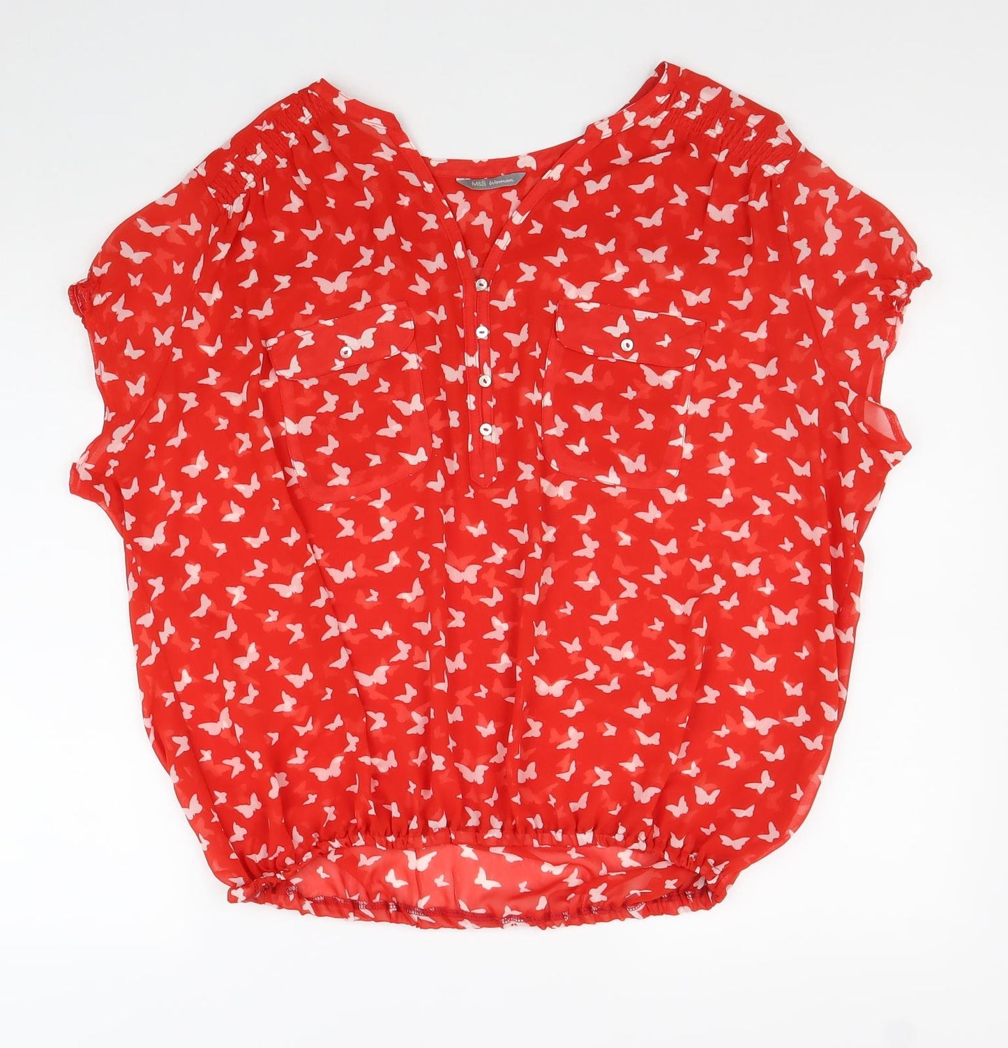 Marks and Spencer Womens Red Geometric Polyester Basic Blouse Size 12 V-Neck - Butterfly Print