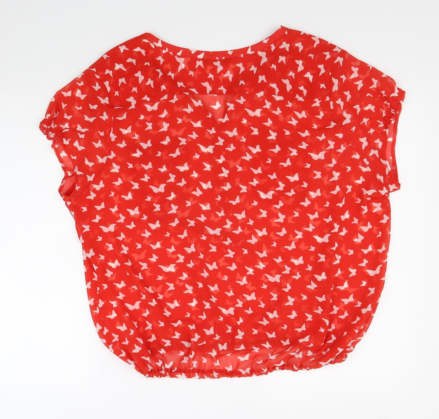 Marks and Spencer Womens Red Geometric Polyester Basic Blouse Size 12 V-Neck - Butterfly Print