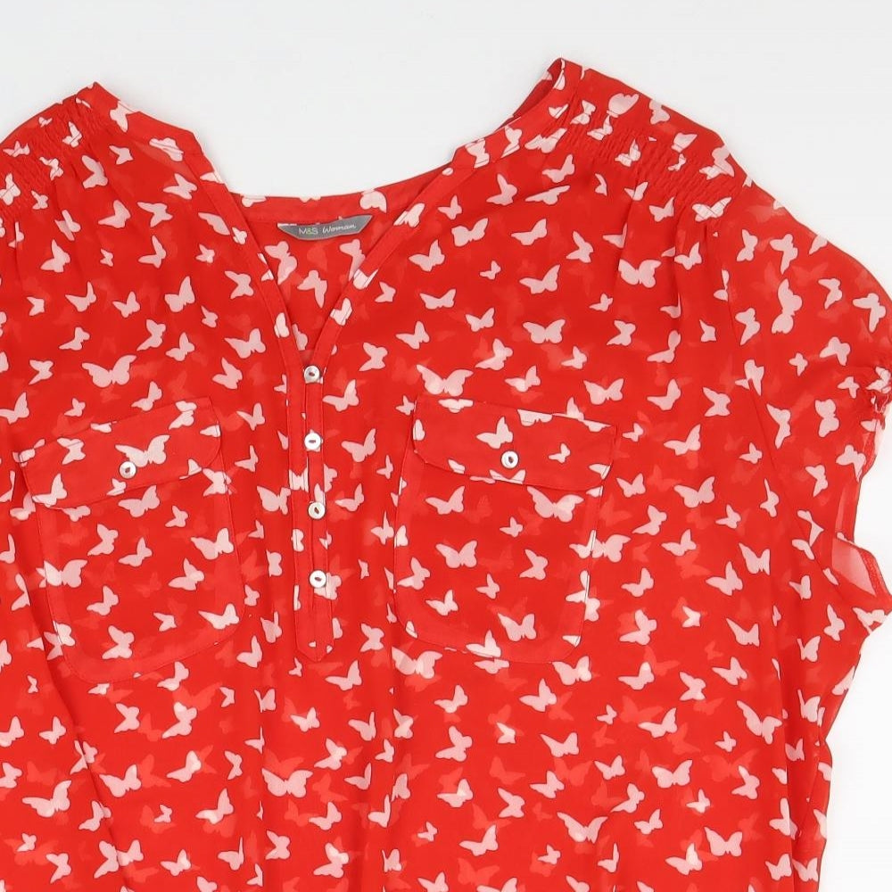 Marks and Spencer Womens Red Geometric Polyester Basic Blouse Size 12 V-Neck - Butterfly Print