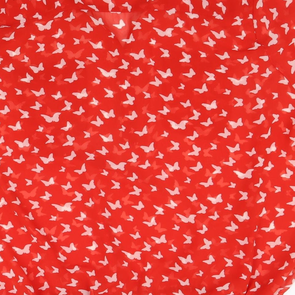 Marks and Spencer Womens Red Geometric Polyester Basic Blouse Size 12 V-Neck - Butterfly Print