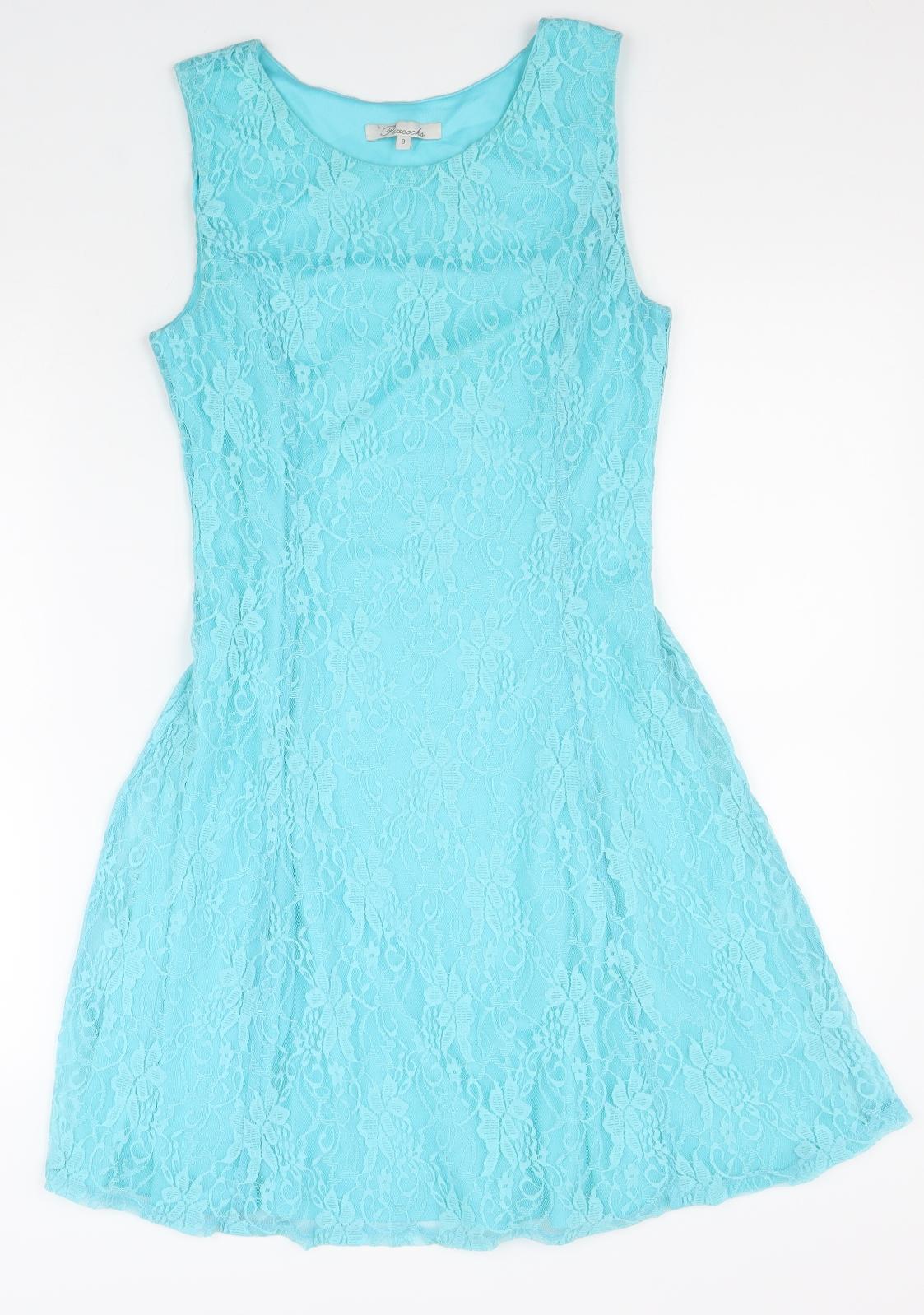 Peacocks Womens Blue Nylon Skater Dress Size 8 Round Neck Pullover