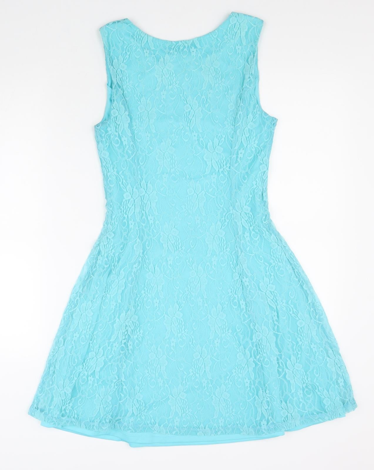 Peacocks Womens Blue Nylon Skater Dress Size 8 Round Neck Pullover