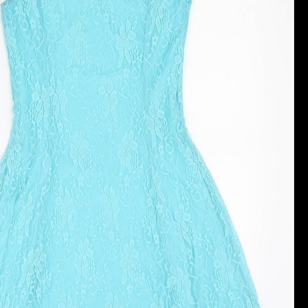 Peacocks Womens Blue Nylon Skater Dress Size 8 Round Neck Pullover