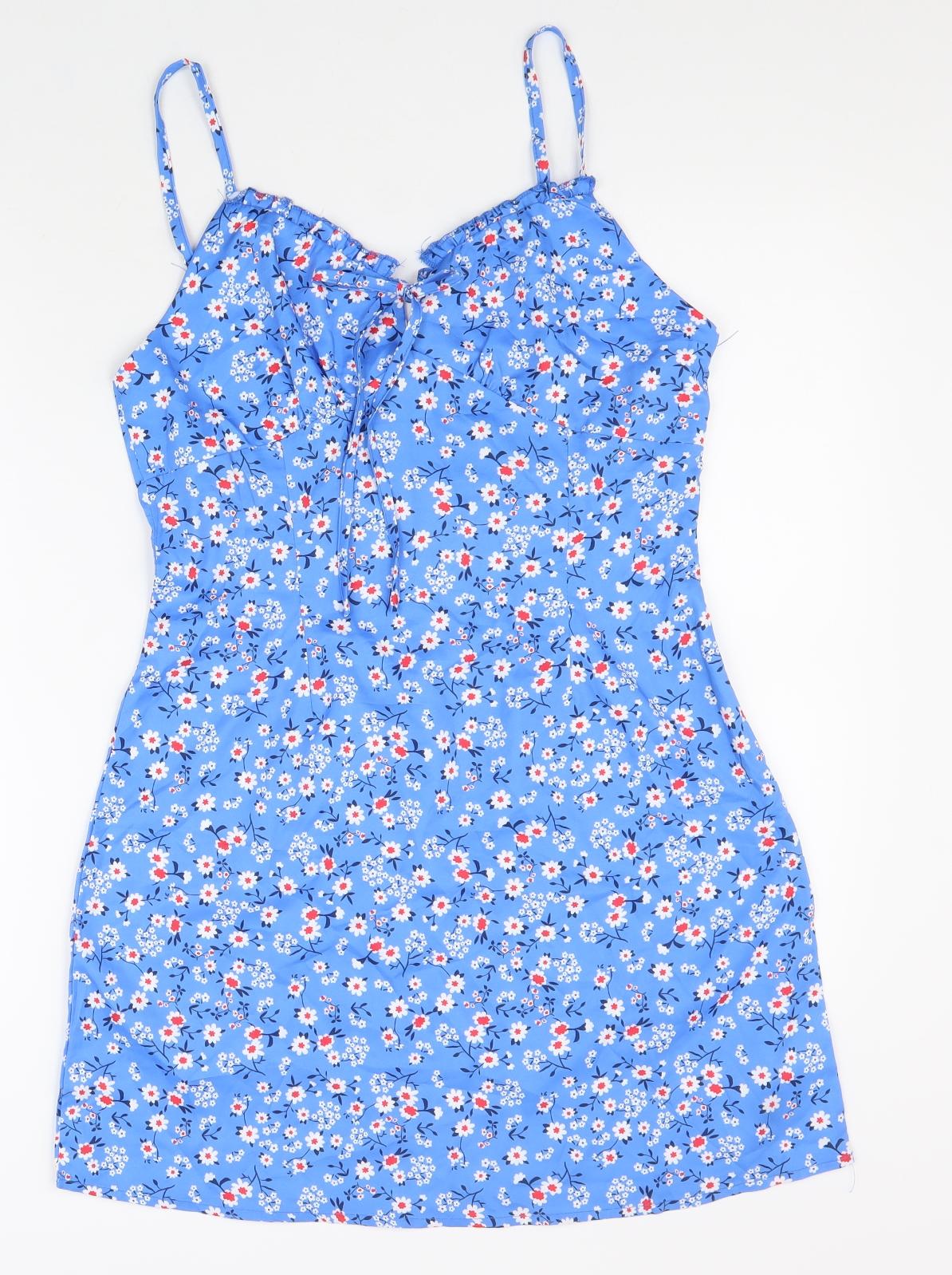 SheIn Womens Blue Floral Polyester Slip Dress Size M V-Neck Zip
