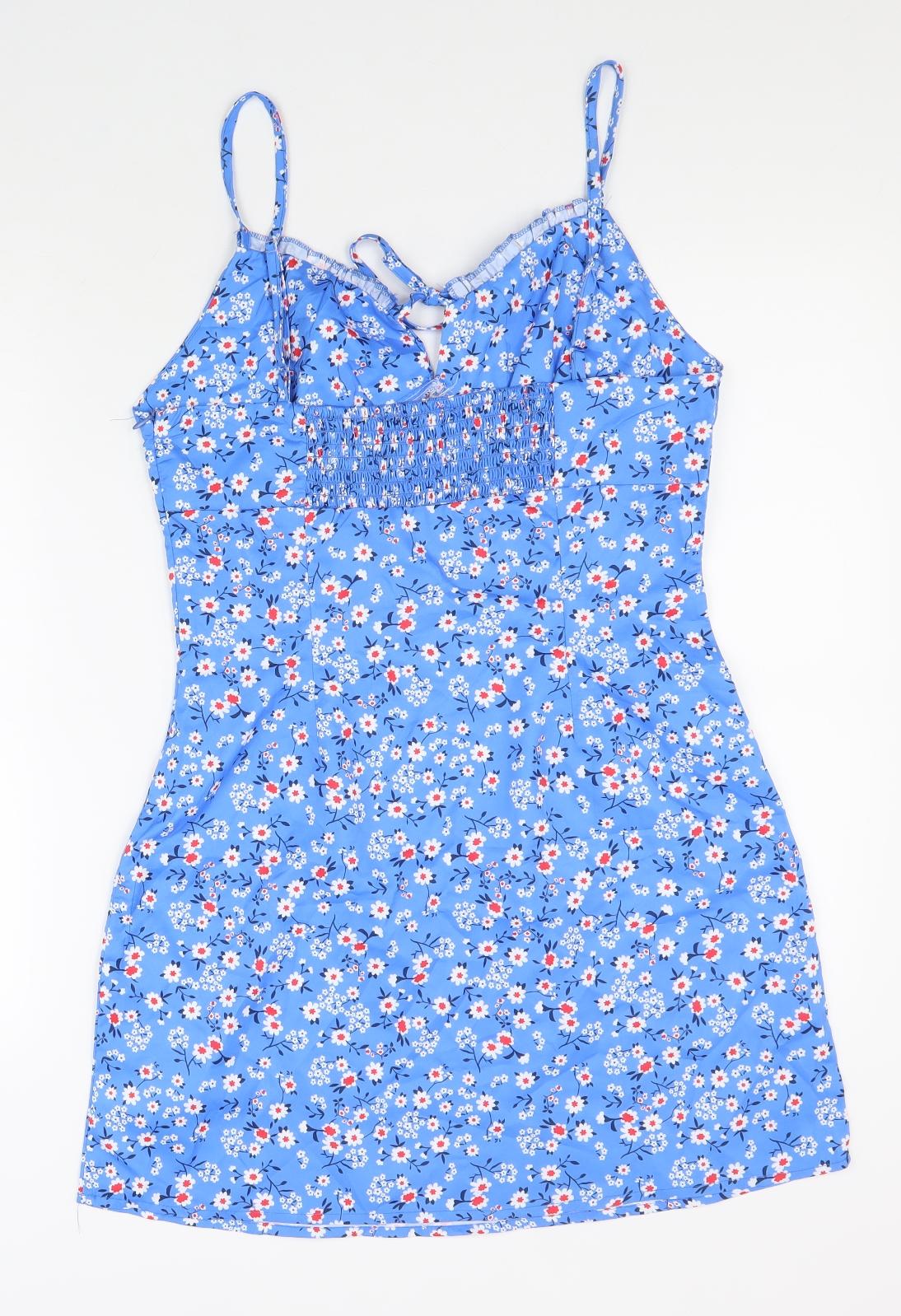 SheIn Womens Blue Floral Polyester Slip Dress Size M V-Neck Zip