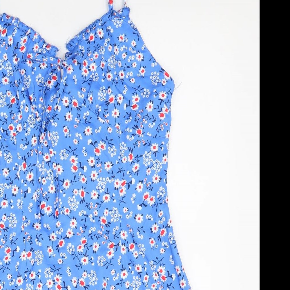 SheIn Womens Blue Floral Polyester Slip Dress Size M V-Neck Zip