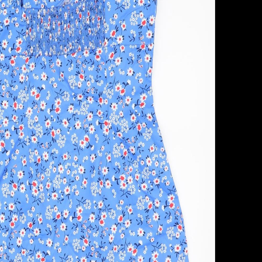 SheIn Womens Blue Floral Polyester Slip Dress Size M V-Neck Zip