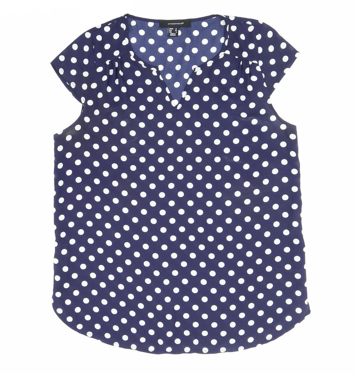 Atmosphere Womens Blue Polka Dot Polyester Basic Blouse Size 12 V-Neck