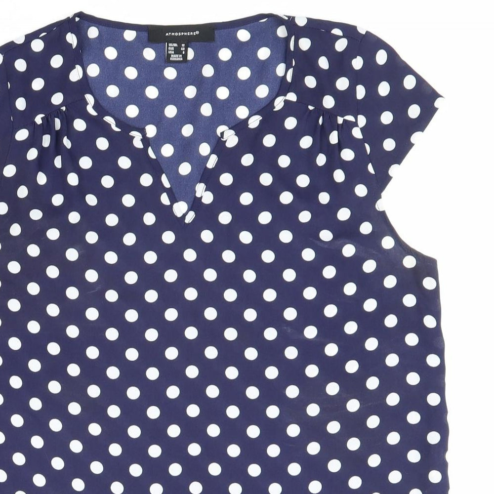 Atmosphere Womens Blue Polka Dot Polyester Basic Blouse Size 12 V-Neck