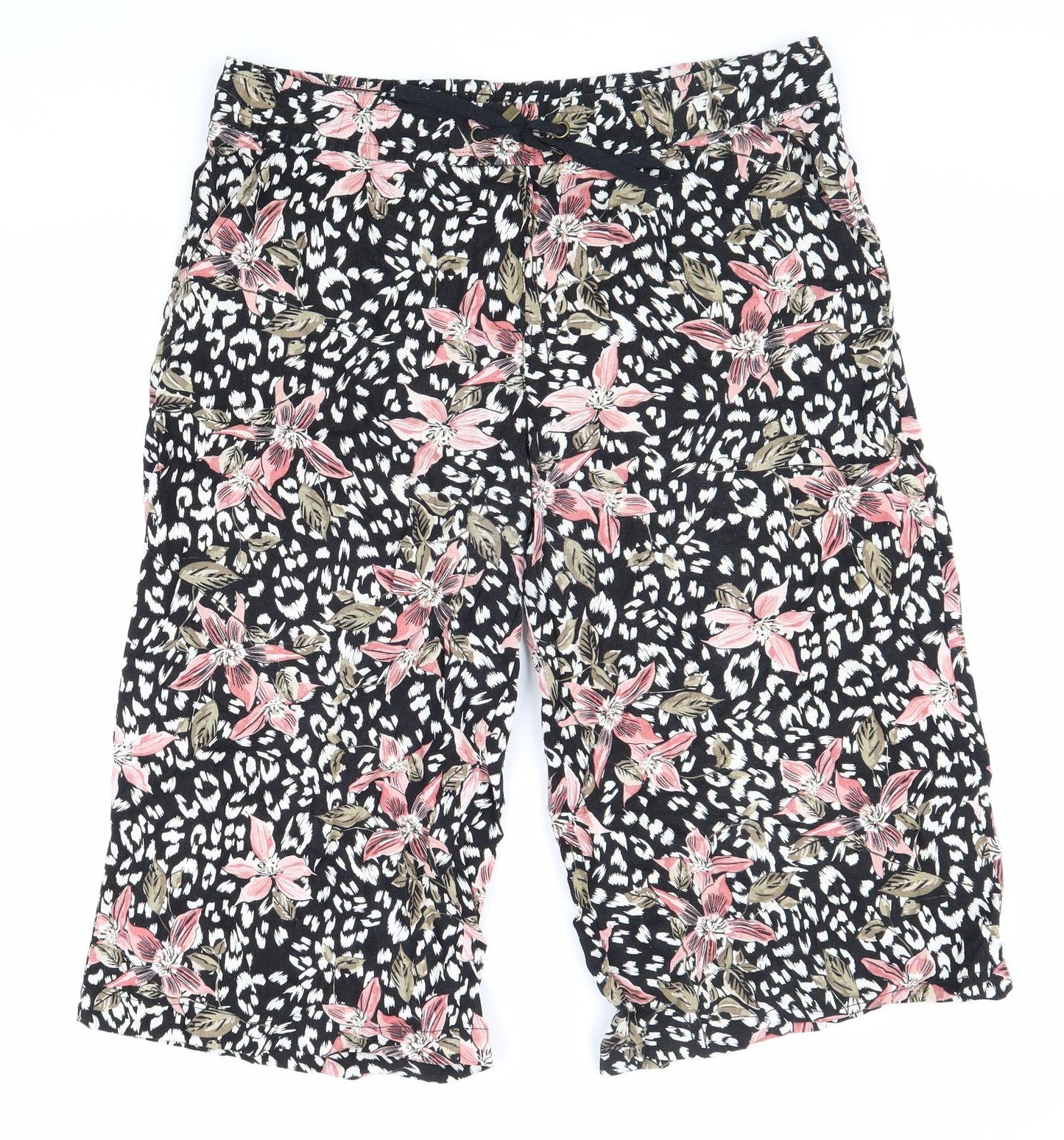 George Womens Black Geometric Linen Cropped Trousers Size 16 L20 in Regular Drawstring