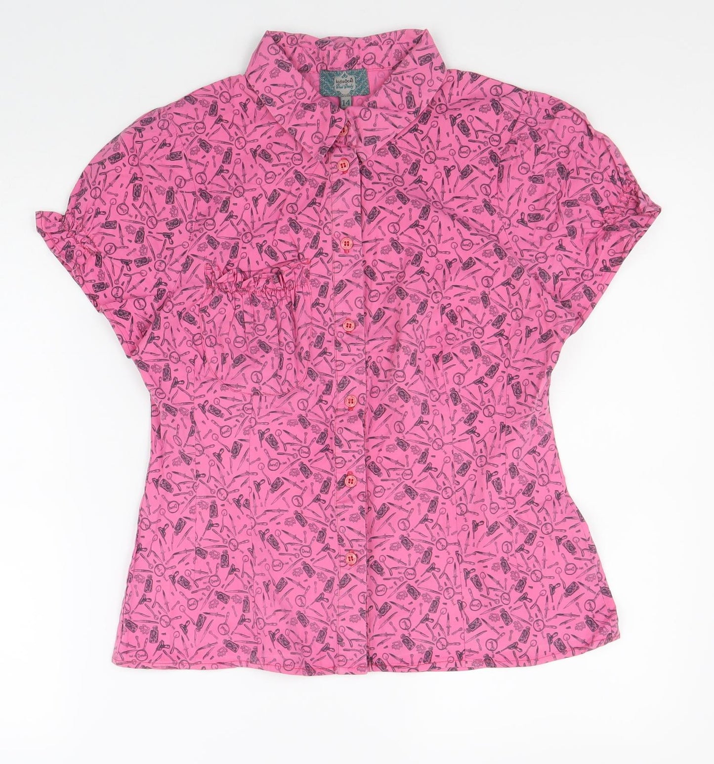 Preworn Womens Pink Geometric Cotton Basic Button-Up Size 14 Collared
