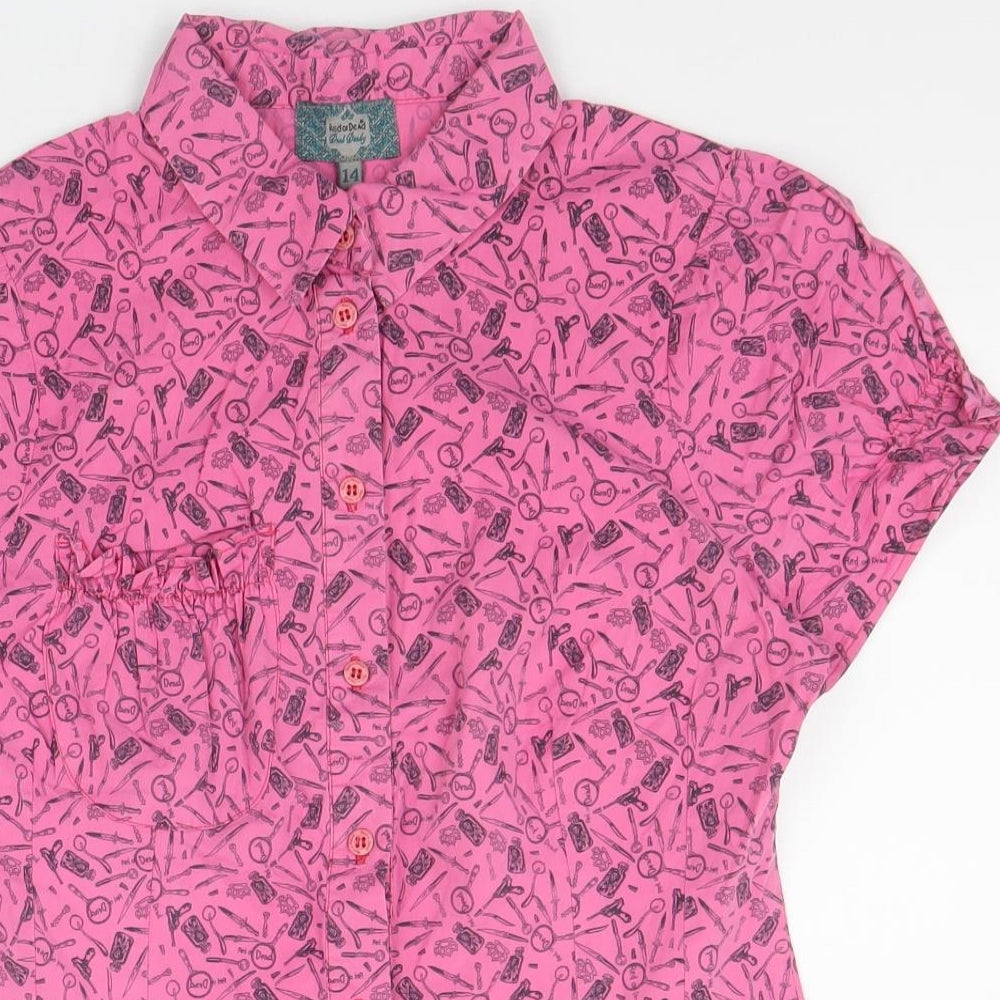 Preworn Womens Pink Geometric Cotton Basic Button-Up Size 14 Collared