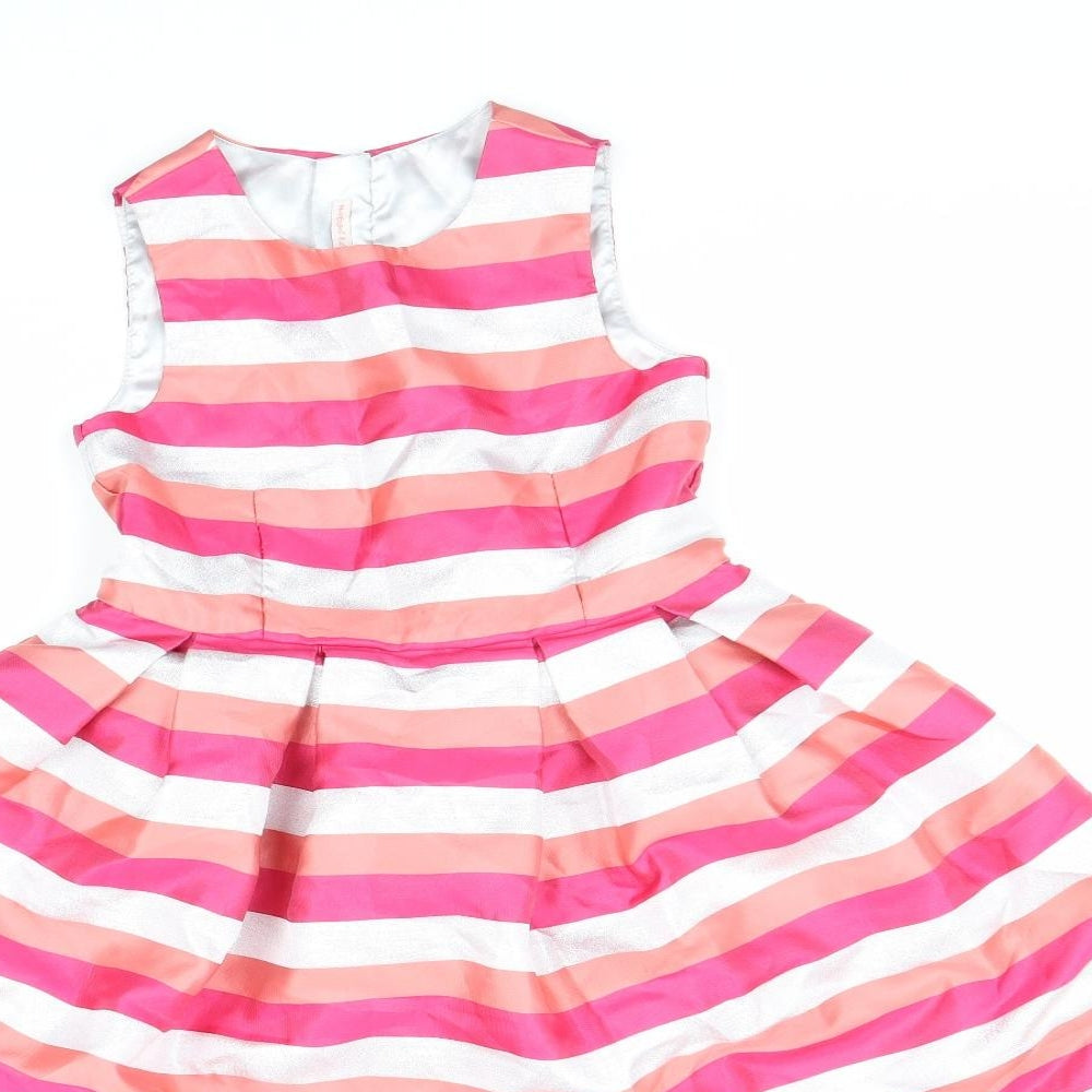 Angel&Rocket Girls Pink Striped Polyester Fit & Flare Size 8 Years Scoop Neck Zip