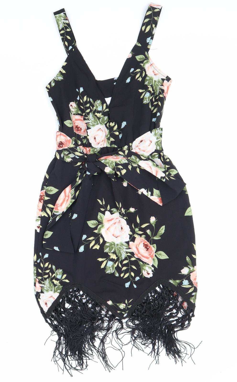 PRETTYLITTLETHING Womens Black Floral Polyester Pencil Dress Size 4 V-Neck Zip