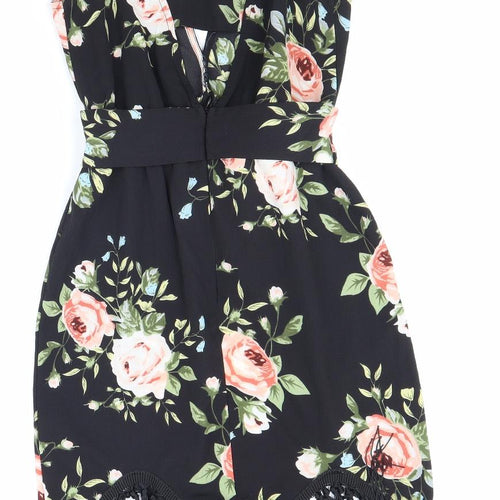 PRETTYLITTLETHING Womens Black Floral Polyester Pencil Dress Size 4 V-Neck Zip