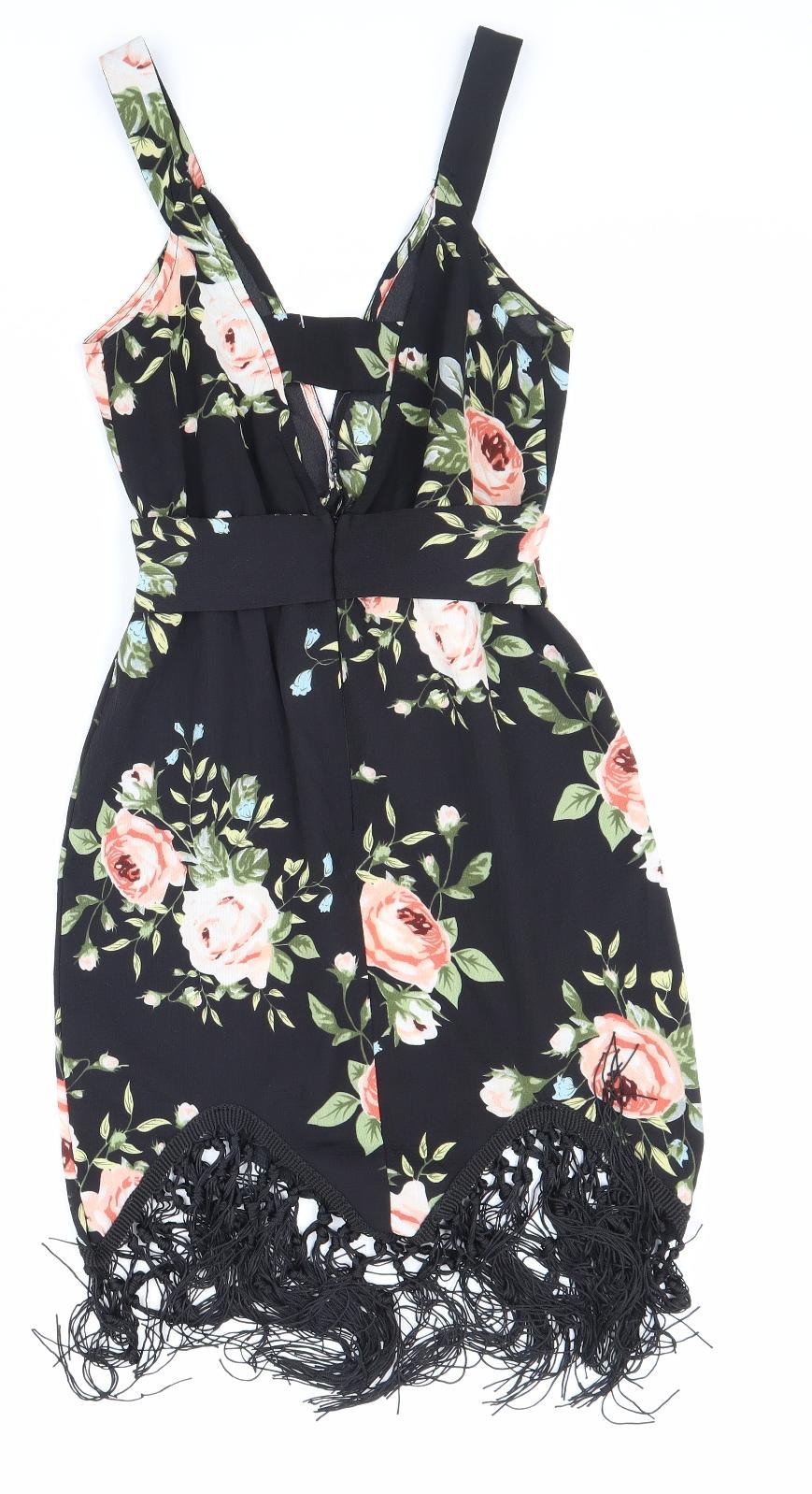 PRETTYLITTLETHING Womens Black Floral Polyester Pencil Dress Size 4 V-Neck Zip