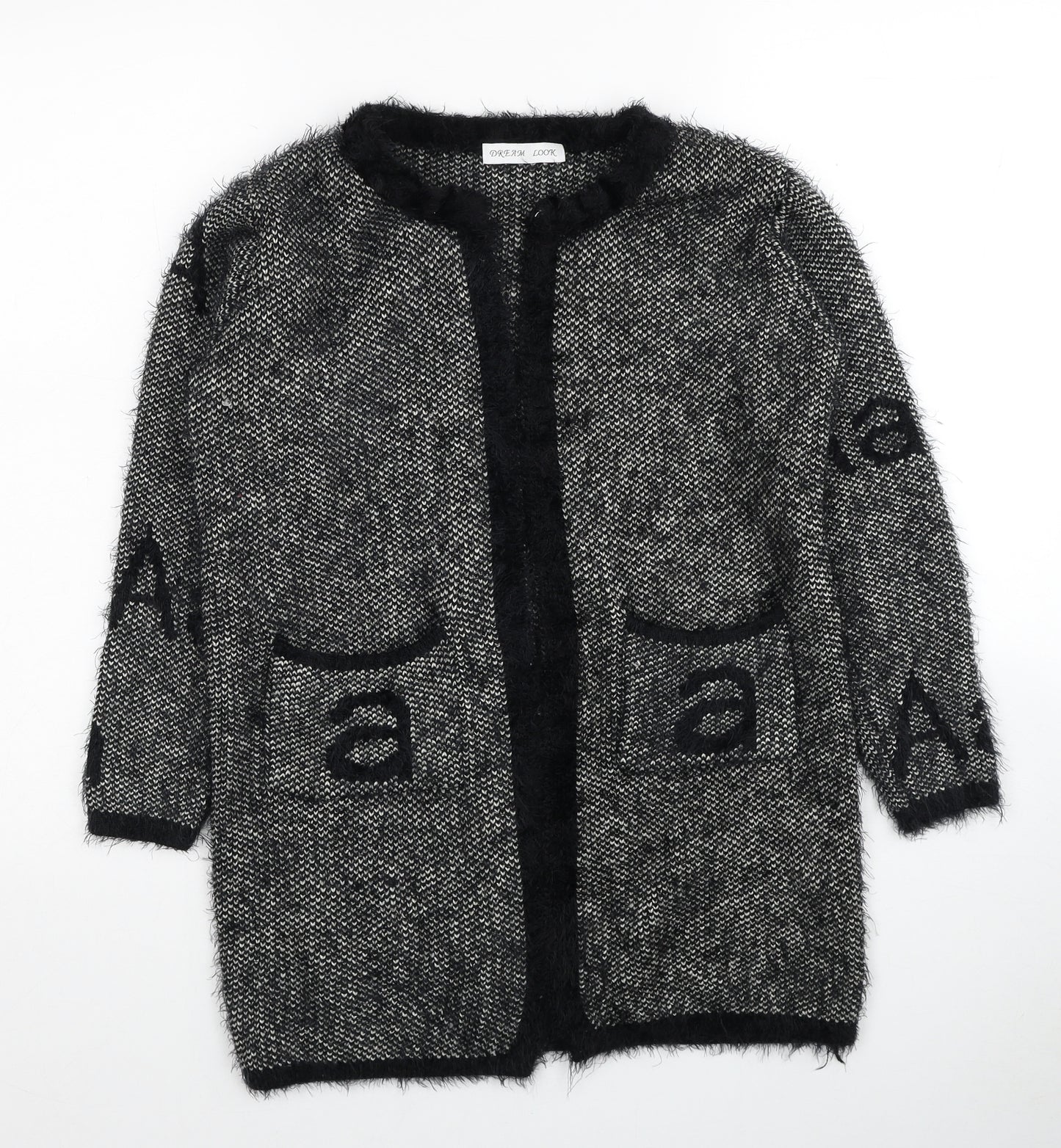 Dream Look Womens Black V-Neck Geometric Polyester Cardigan Jumper Size S