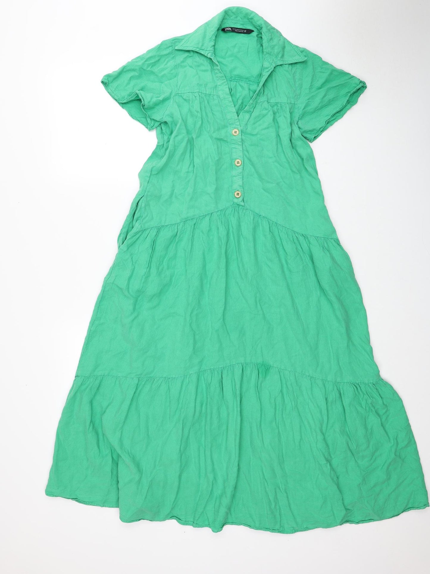 Zara Womens Green Lyocell Shirt Dress Size XS Collared Button - Tiered