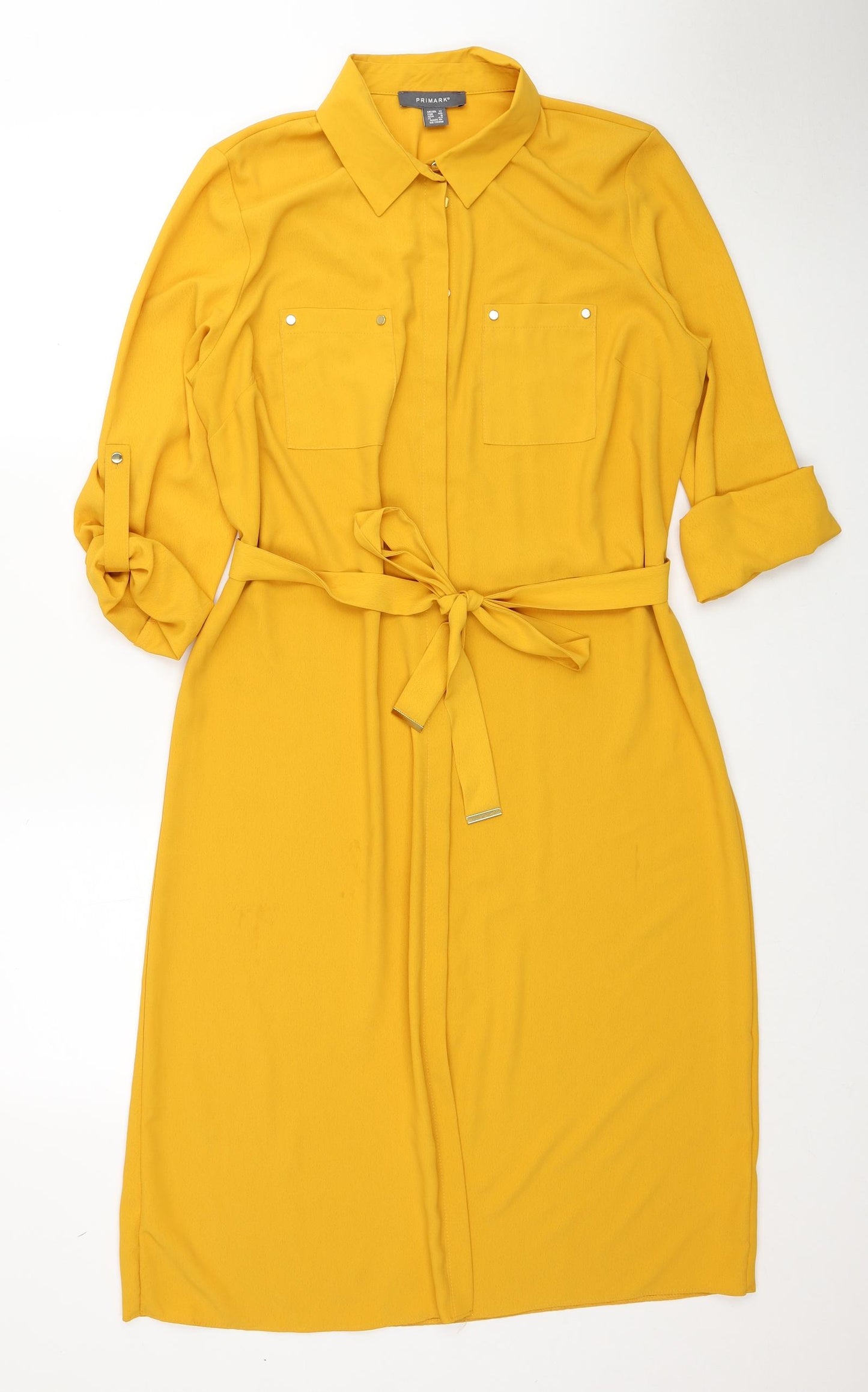 Primark Womens Yellow Polyester Shirt Dress Size 12 Collared Button