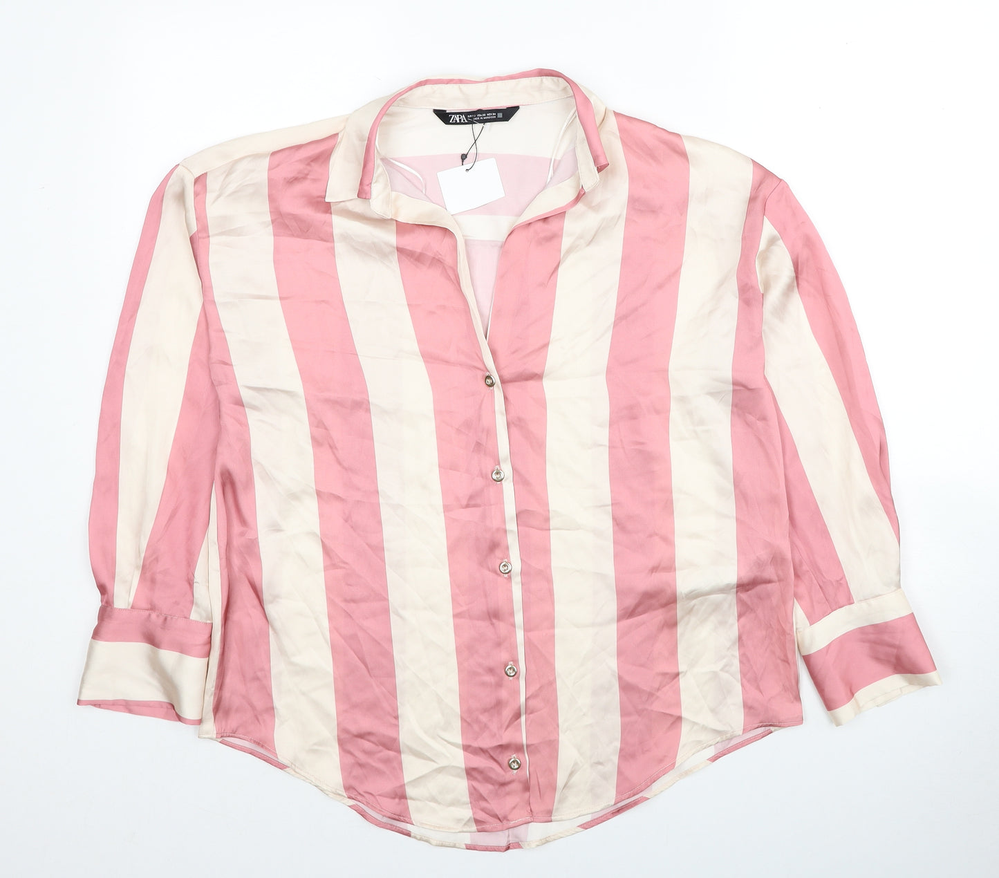 Zara Womens Pink Striped Polyester Basic Button-Up Size XS V-Neck