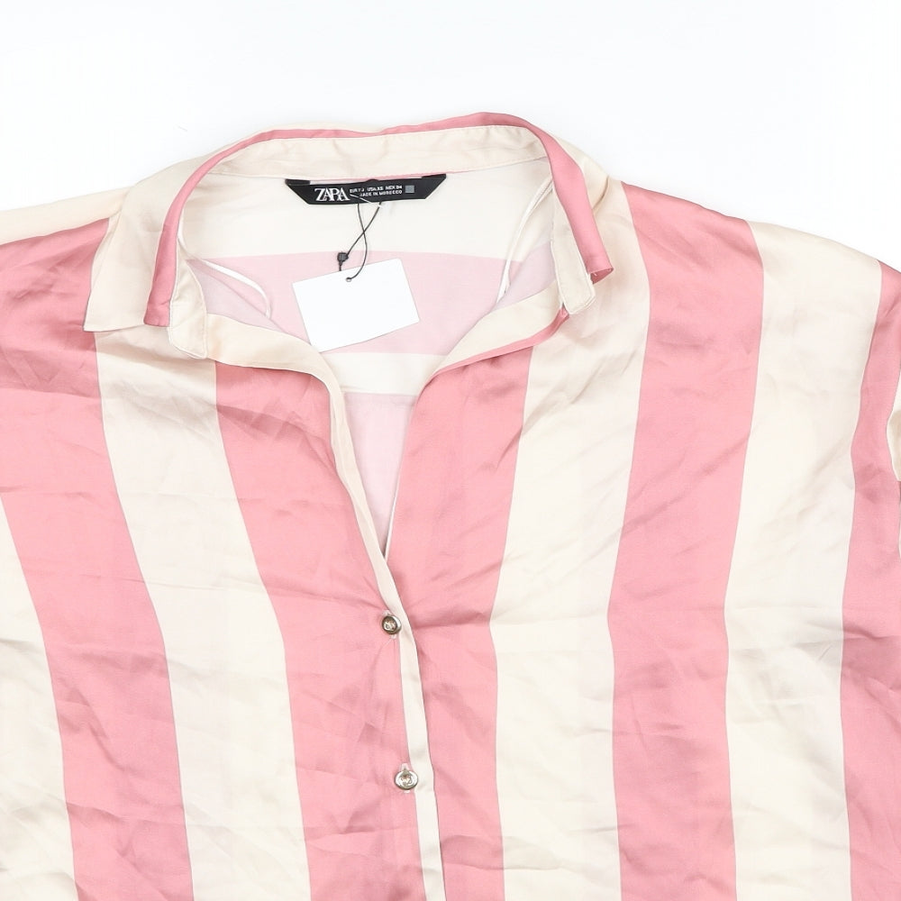 Zara Womens Pink Striped Polyester Basic Button-Up Size XS V-Neck